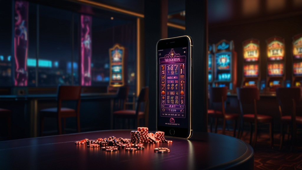 Mobiles Bonuscode-Feld in dunkler Casino-Atmosphäre mit Chips und Neonlicht