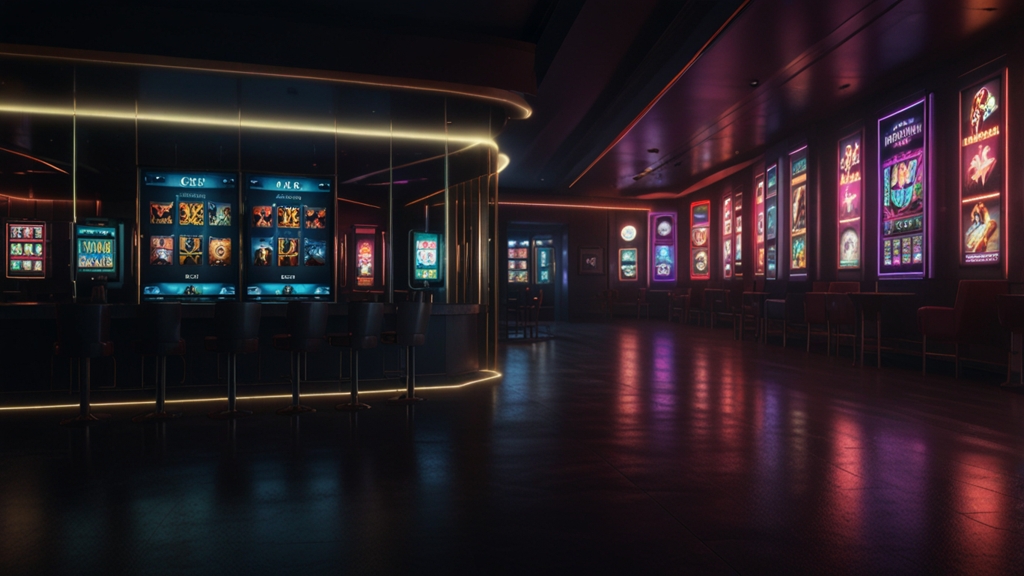 Smartphone mit Android- und iPhone-Downloadhinweisen in düsterer Casino-Atmosphäre
