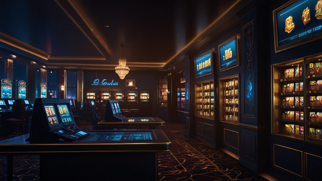 Dunkler Casino-Schalter mit Zahlungsicon und digitalen Auszahlungsgeräten